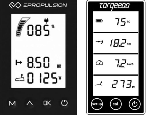 ePropulsion Spirit 1.0 EVO Display (links) vs. Torqeedo Travel 1103 C (rechts)